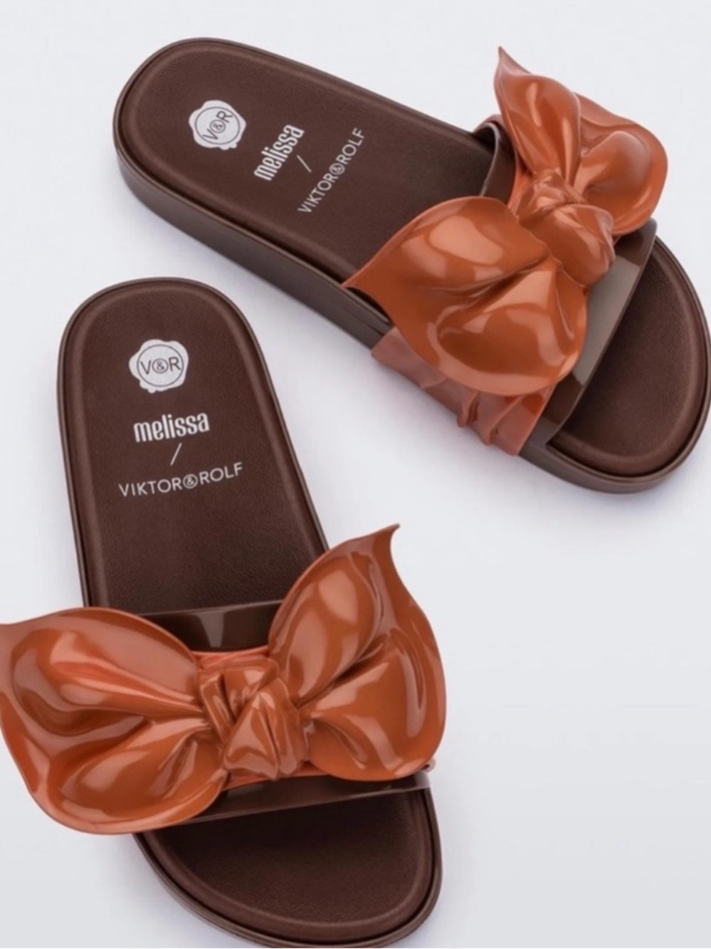 Melissa & Viktor&Rolf Brown Slides with Glossy Rust Bow